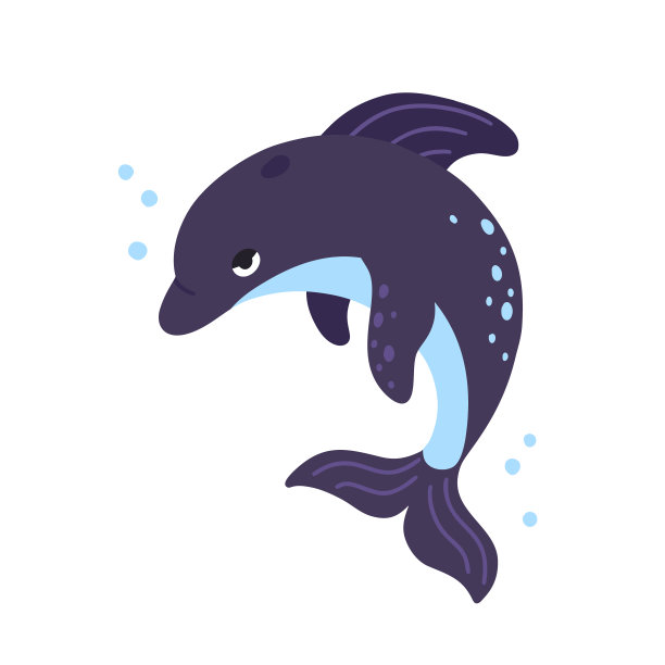 海豚的性格。可爱的海洋动物卡通手绘插图图片下载