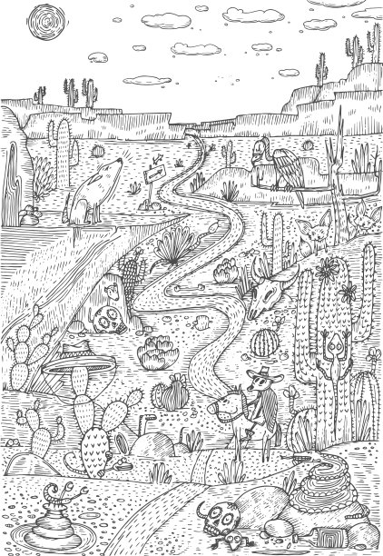 沙漠中的野生动物用线条艺术的风格来描绘图片下载