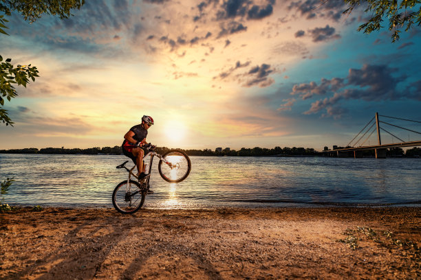活跃的自行车手在森林里骑车图片下载