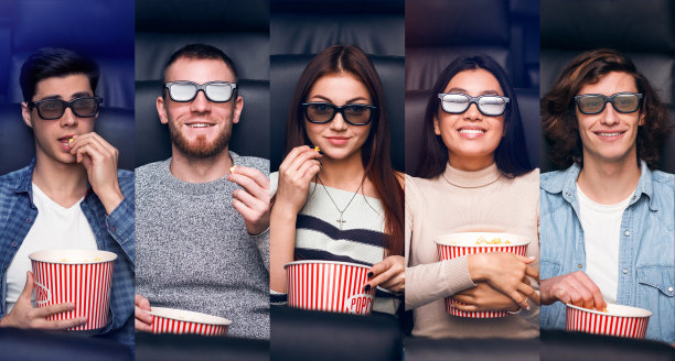 在电影院看电影的年轻人肖像拼贴，全景图片下载