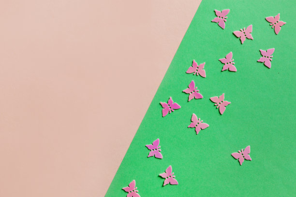近距离的照片粉红色的蝴蝶在彩色的粉红色和绿色的背景上闪闪发光的五彩纸屑。俯视图，春天，复活节和各种节日和事件的概念图片下载