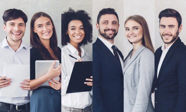 六幅不同的成功商业人士的肖像，灰色背景，拼贴图片下载