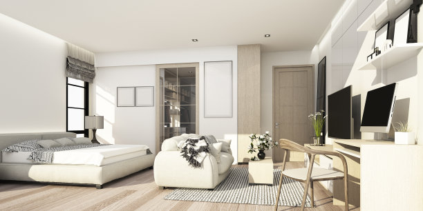 白色和木质纹理的卧室与生活区与墙壁装饰和电视柜3d渲染图片下载