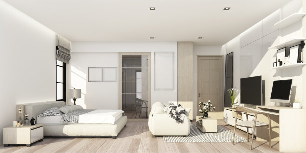 白色和木质纹理的卧室与生活区与墙壁装饰和电视柜3d渲染图片下载