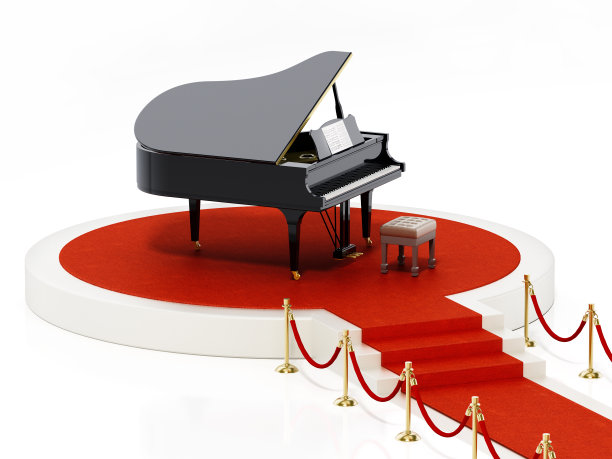 红地毯和天鹅绒绳索通向舞台上的音乐会钢琴图片下载