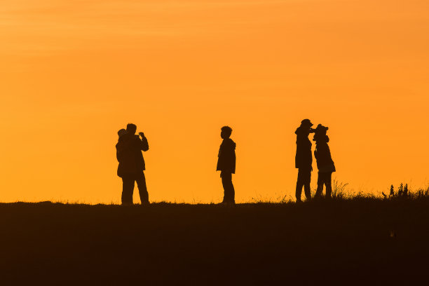旅行者在橘色的灯光下剪影图片下载