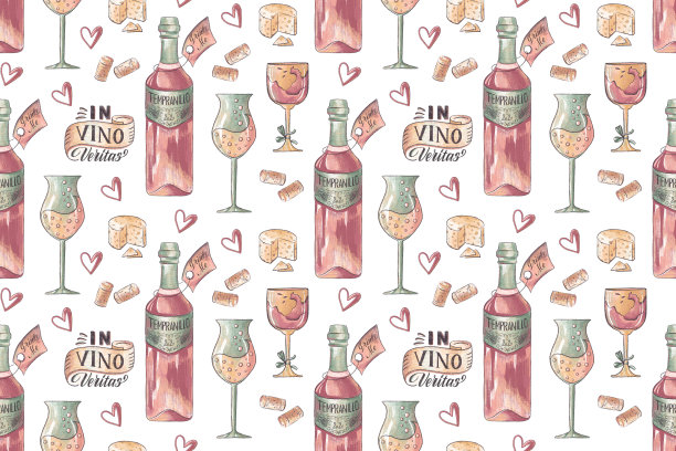 手绘无缝模式与葡萄酒杯，瓶子，奶酪，和和拉丁字母的葡萄酒真理图片下载