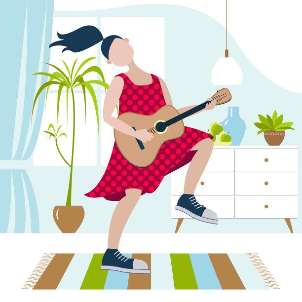 穿着鲜红背心裙的妇女在她的房间里弹吉他图片下载