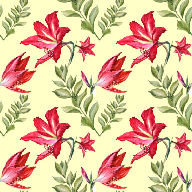 无缝模式水彩夏季花束红百合和绿色肉质枝与叶在黄色的背景。手绘夏季植物插图庆祝，婚礼，生日，墙纸，包装，纺织品图片下载