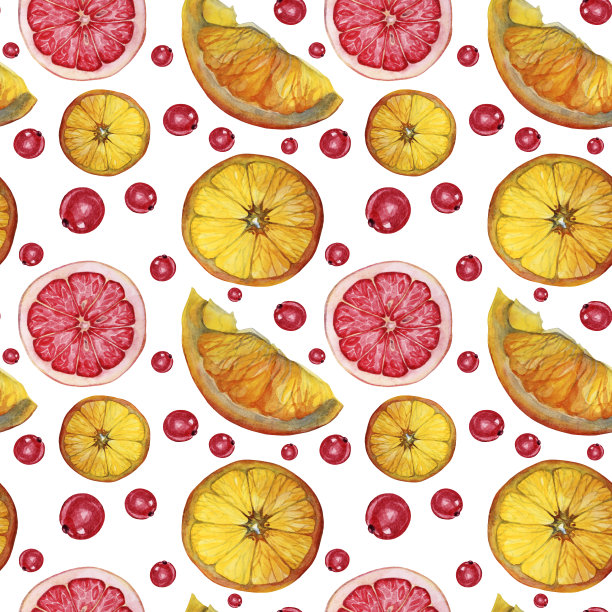 无缝模式水彩柑桔和柚子切片，醋栗浆果在白色的背景。手绘食物对象菜单，包装，卡片，墙纸图片下载