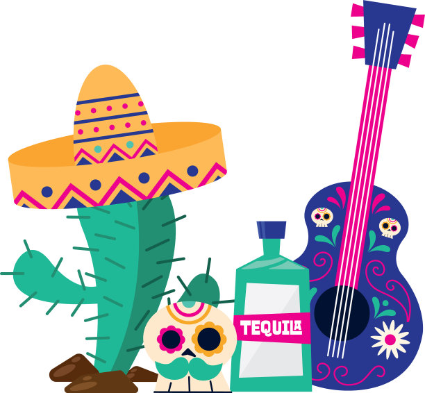 墨西哥仙人掌，帽子骷髅龙舌兰酒和吉他图片下载