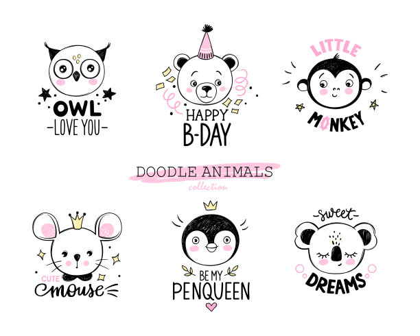涂鸦动物矢量集。猫头鹰，熊，猴子，老鼠，企鹅，考拉的脸在素描风格。有趣的引用。手绘可爱的儿童插图图片下载