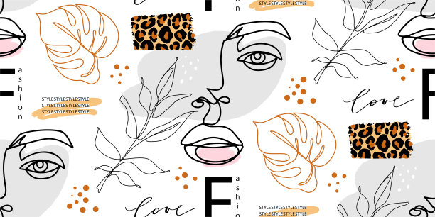 抽象一线无缝图案。以女性面孔勾勒背景。现代女性的审美轮廓。时尚印花。超现实的纹理。图片下载