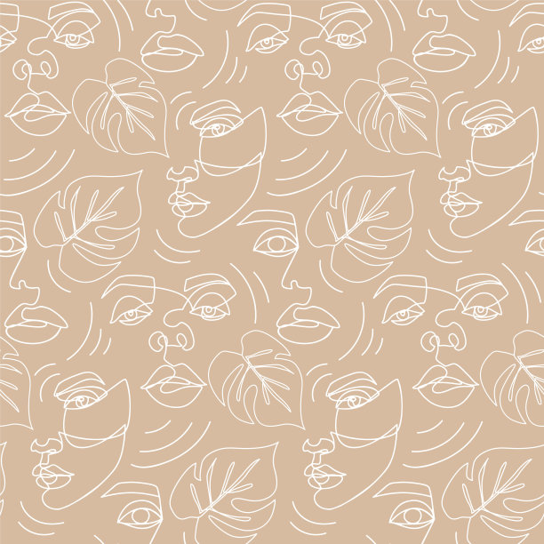 抽象一线无缝图案。以女性面孔勾勒背景。现代女性的审美轮廓。时尚印花。超现实的纹理。图片下载
