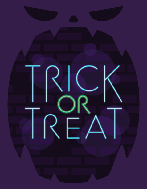 霓虹灯下的“不给糖就捣乱”的万圣节字样图片下载