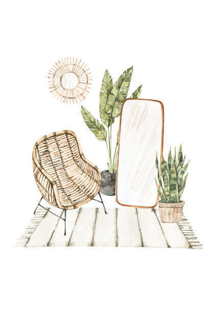 水彩插图现代室内藤椅，盆栽，镜子和地毯。家居装饰预制构图。完美的海报，印刷品，杂志，卡片等图片下载
