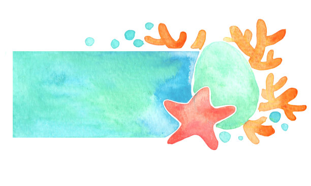 复活节彩蛋、海星和珊瑚长方形框架水彩装饰复活节。图片下载