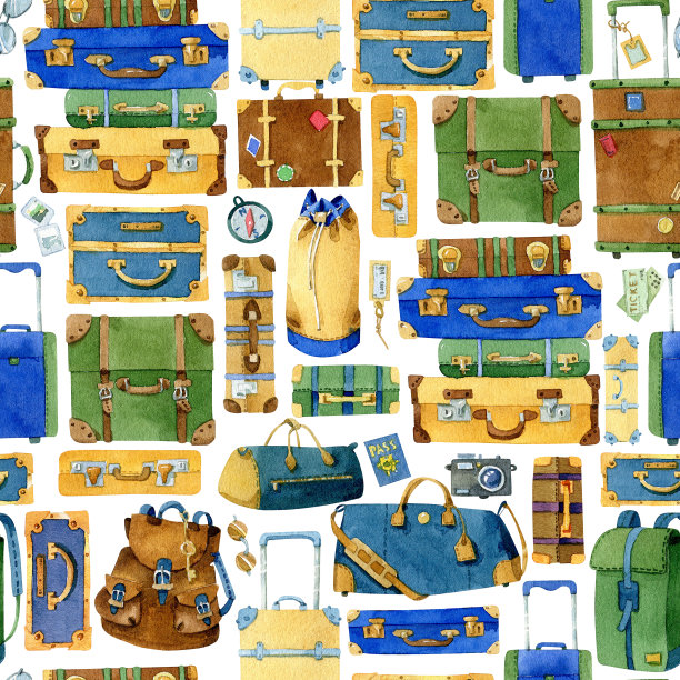 水彩无缝模式与行李和旅行元素。图片下载