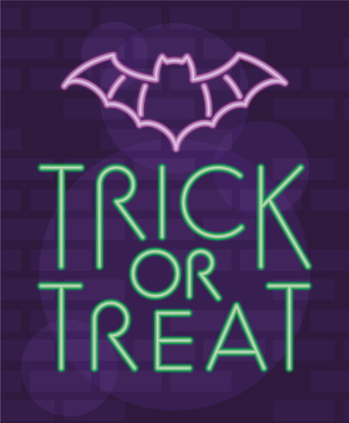 霓虹灯下的“不给糖就捣乱”的万圣节字样图片下载