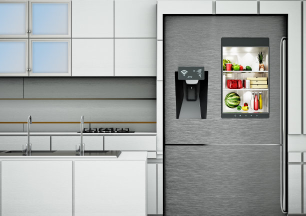 配有大液晶屏幕的智能冰箱，可以看到冰箱内部的情况图片下载