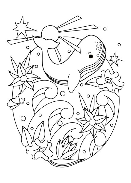 彩色的书。大海和天空背景上可爱的鲸鱼。海洋哺乳动物在海浪上，花朵星星和太阳。图片下载