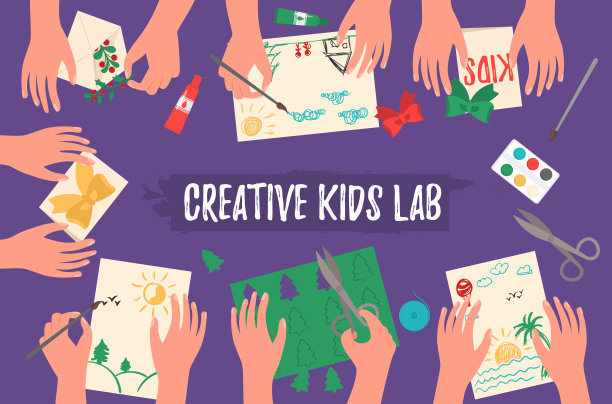 创意儿童实验室，俯视图，孩子的手。图片下载