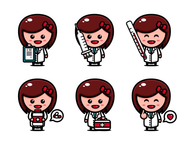 可爱的护士角色设计集与医疗工具图片下载