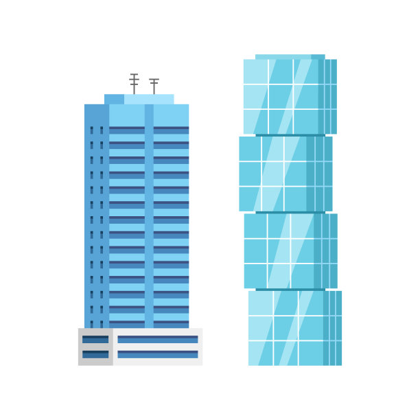 现代城市摩天大楼，孤立矢量平面卡通套图片下载