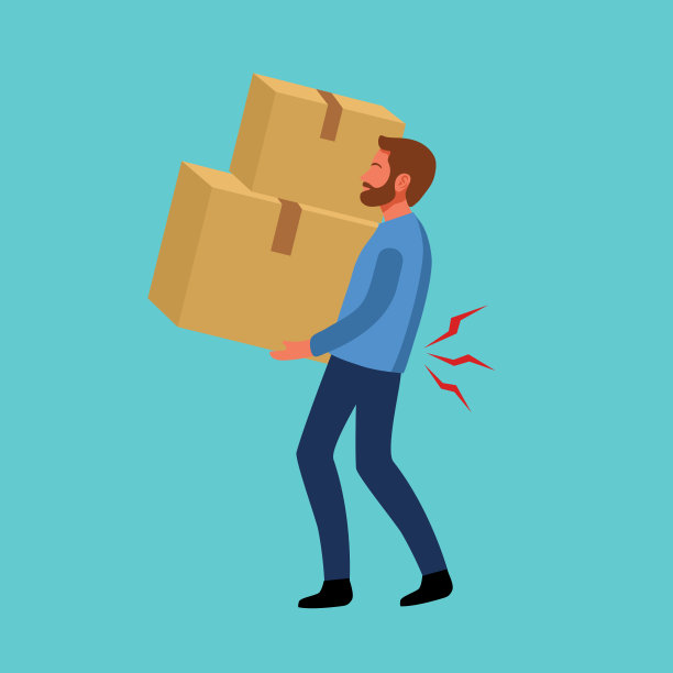 下腰痛概念矢量插图。男人拿着沉重的箱子，忍受着背痛。骨骼或肌肉问题。图片下载