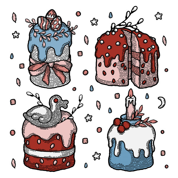 乡村传统复活节蛋糕套装。俄罗斯和欧洲基督教面包房库利奇绘制波西米亚风格。彩色鸡蛋图案，丝带蝴蝶结，小枝和叶子，种子，鸭子和糖霜，蜡烛，浆果图片下载