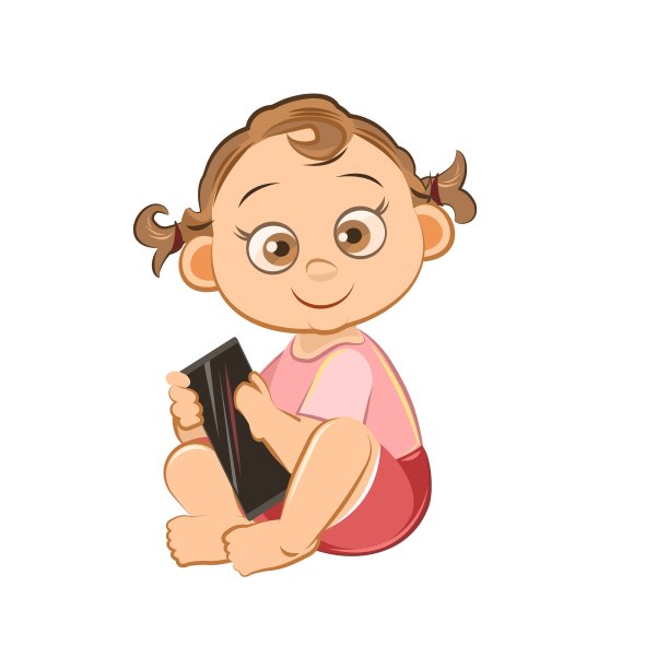 小的孩子。女孩。坐在智能手机上玩游戏。在白色背景上孤立的物体。欢快有趣。漫画平面风格。幼儿园的年龄。童年的向量。图片下载