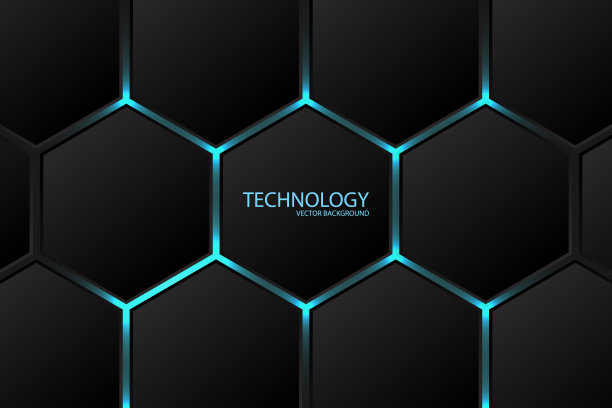 六角抽象背景。蓝色明亮的霓虹灯闪烁在六边形下的照明技术。深色蜂窝网格纹理。图片下载