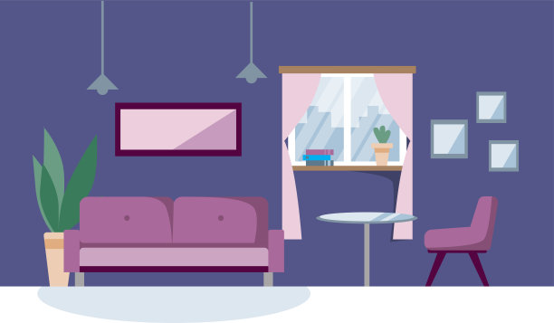 一间紫色的房间，有一张淡紫色的沙发，一把扶手椅和蓝色墙壁上的一扇大窗户图片下载