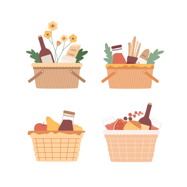 野餐篮子。午餐，用餐在公园元素孤立的白色背景图片下载