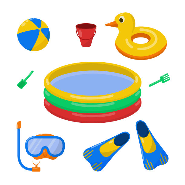 海滩配件设置球池潜水面罩鳍充气圆形鸭子矢量插图在白色的背景图片下载
