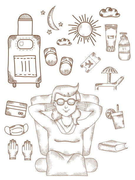 一个女孩闭着眼睛坐着做梦。上面是你需要放松的不同图片——阳光、带轮子的行李箱、奶油、票。手绘。向量的笔画和直线。图片下载