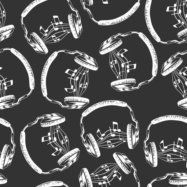带音符的耳机。无缝模式。音乐耳机或耳机。手绘。图片下载