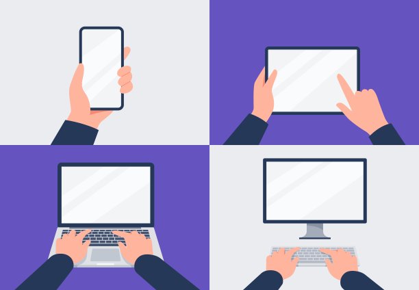 一套现代数字设备在手。电脑、笔记本电脑、平板电脑和智能手机。矢量平面插图。图片下载