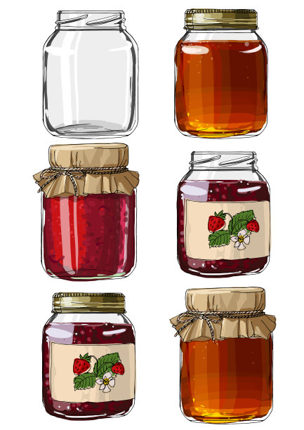 一罐蜂蜜，玻璃罐里的草莓酱。浆果。矢量彩色食物素描在白色的背景。图片下载