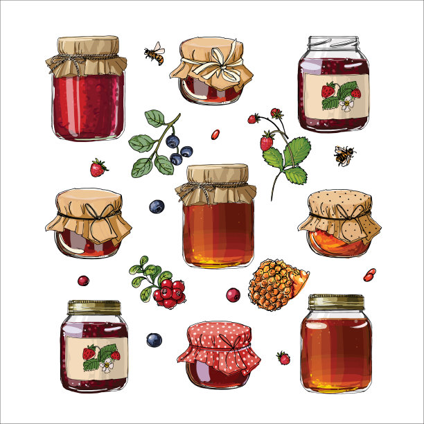 一罐蜂蜜，玻璃罐里的草莓酱。浆果。矢量彩色食物素描在白色的背景。图片下载
