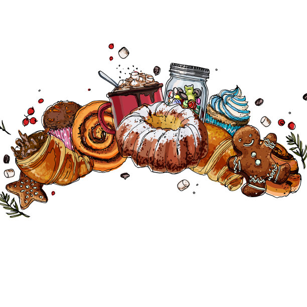 圣诞装饰，植物线画在白色的背景。浆果和树叶素描。槲寄生，冬青，可可，饼干，果酱，糖果，糖果图片下载