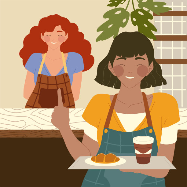 女服务员拿着一个托盘的食物和女咖啡师在咖啡店柜台后面图片下载