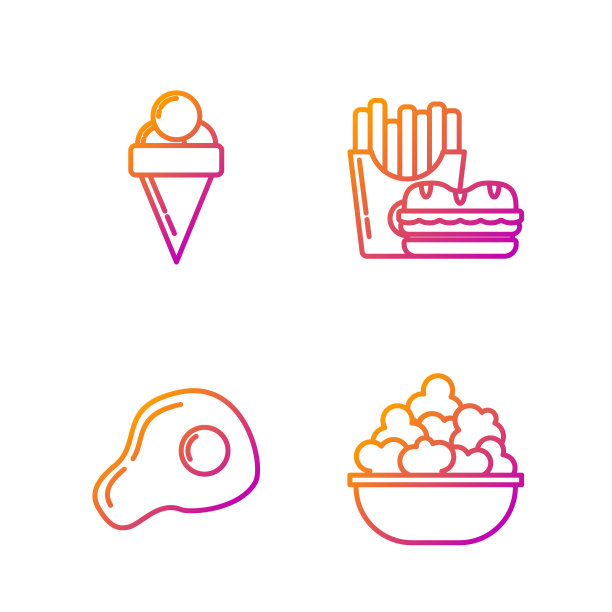 碗装爆米花，炒鸡蛋，蛋筒装冰淇淋，纸盒装汉堡和炸薯条。渐变颜色图标。向量图片下载