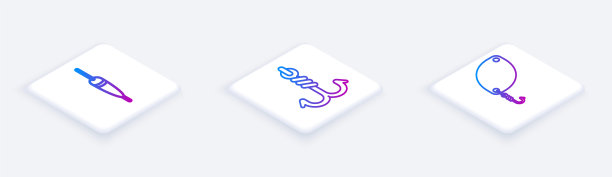 设置等距线钓漂、钓钩、钓勺。白色正方形按钮。向量图片下载