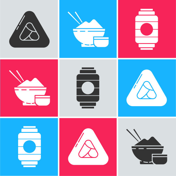 寿司，米饭，筷子和日本纸灯笼图标。向量图片下载