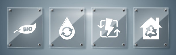 设置生态屋与回收标志，充电，回收清洁水和叶生物标志。方形玻璃面板。向量图片下载