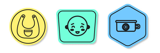 设定线婴儿围嘴，快乐的小男孩头和婴儿便盆。颜色的形状。向量图片下载