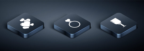 设置等距心，酒杯和结婚戒指图标。向量图片下载