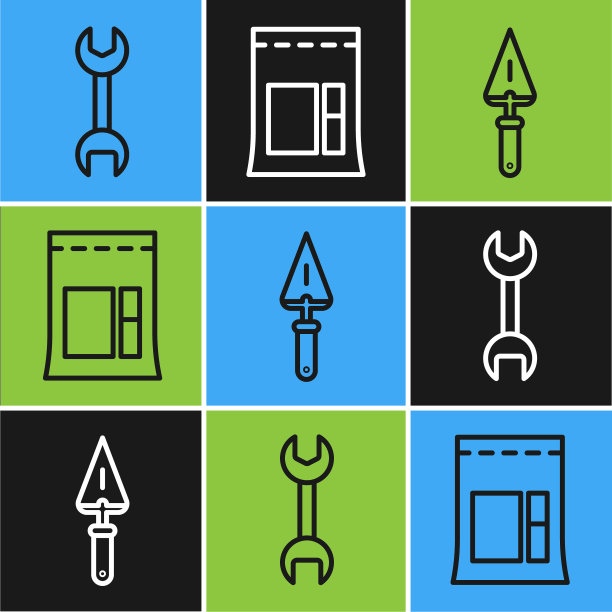 固定线扳手，抹刀和水泥袋图标。向量图片下载