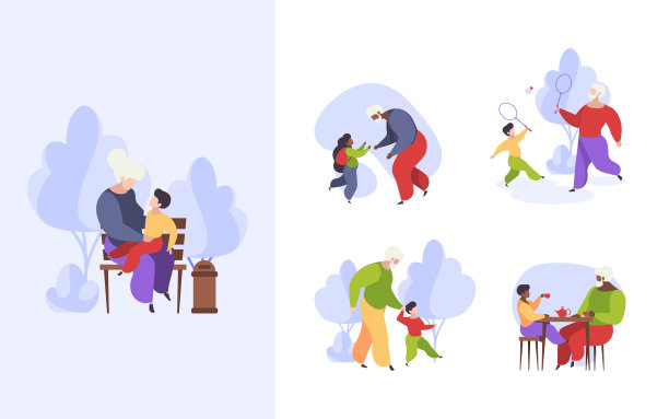 老年人和孙辈。幸福的家庭老人和孩子玩，爷爷和奶奶一起走花哨的矢量风格化的角色图片下载